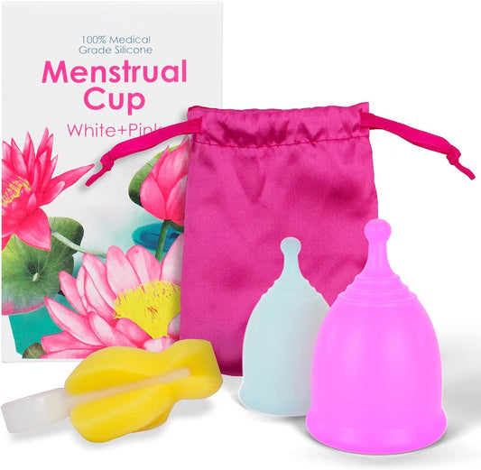 Silicone Menstrual Cup S/L, Pack of 2 Period Cups for Women Heavy Flow, Normal Flow, Pink and Transparent Period Cup Reusable + Storage Bag and Brush, Leak Proof Small Menstrual Cup for Beginners